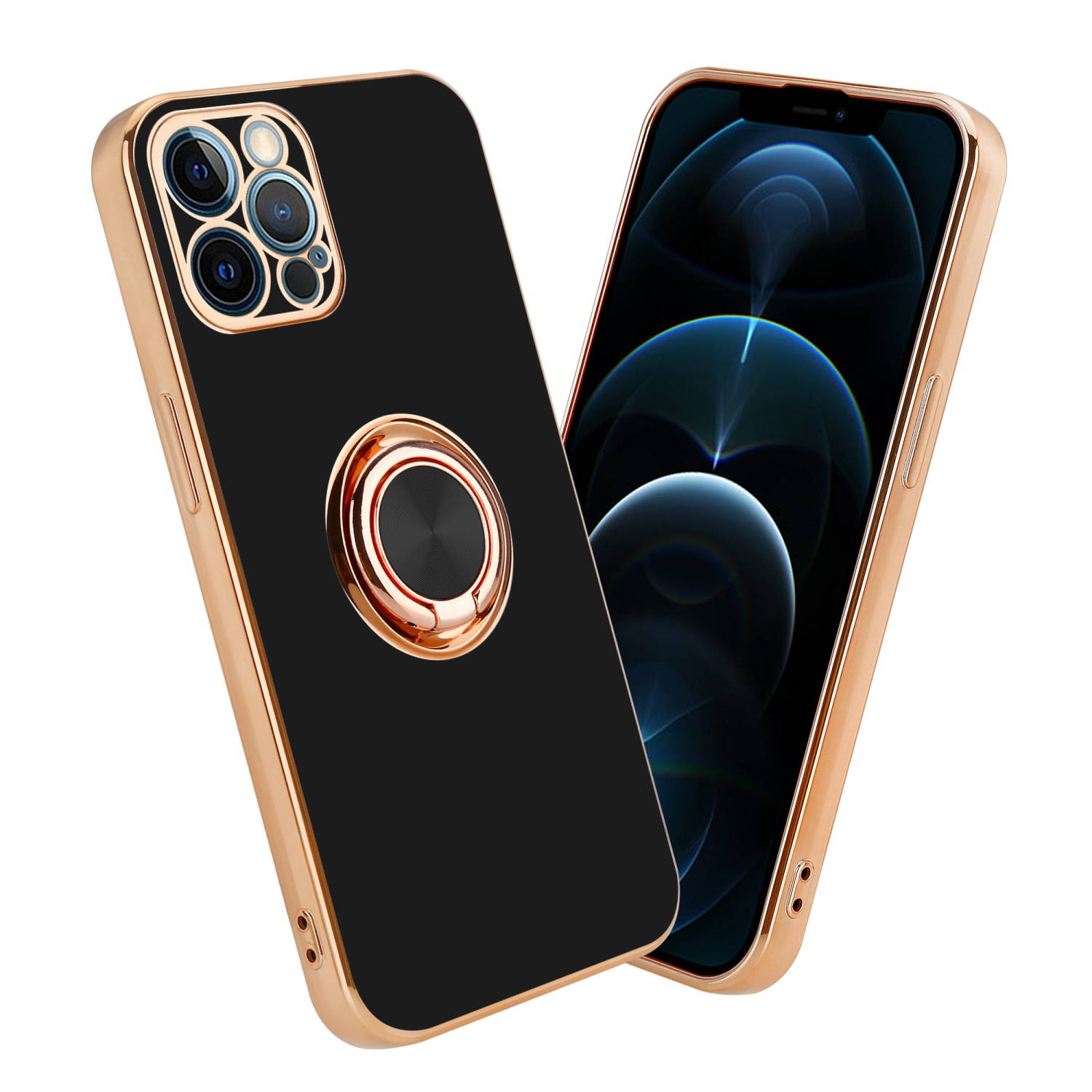 Cadorabo Hoesje voor Apple iPhone 12 PRO in Glossy Zwart - Goud met ring - Beschermende hoes van flexibel TPU-silicone, met camerabescherming en magnetische autohouder