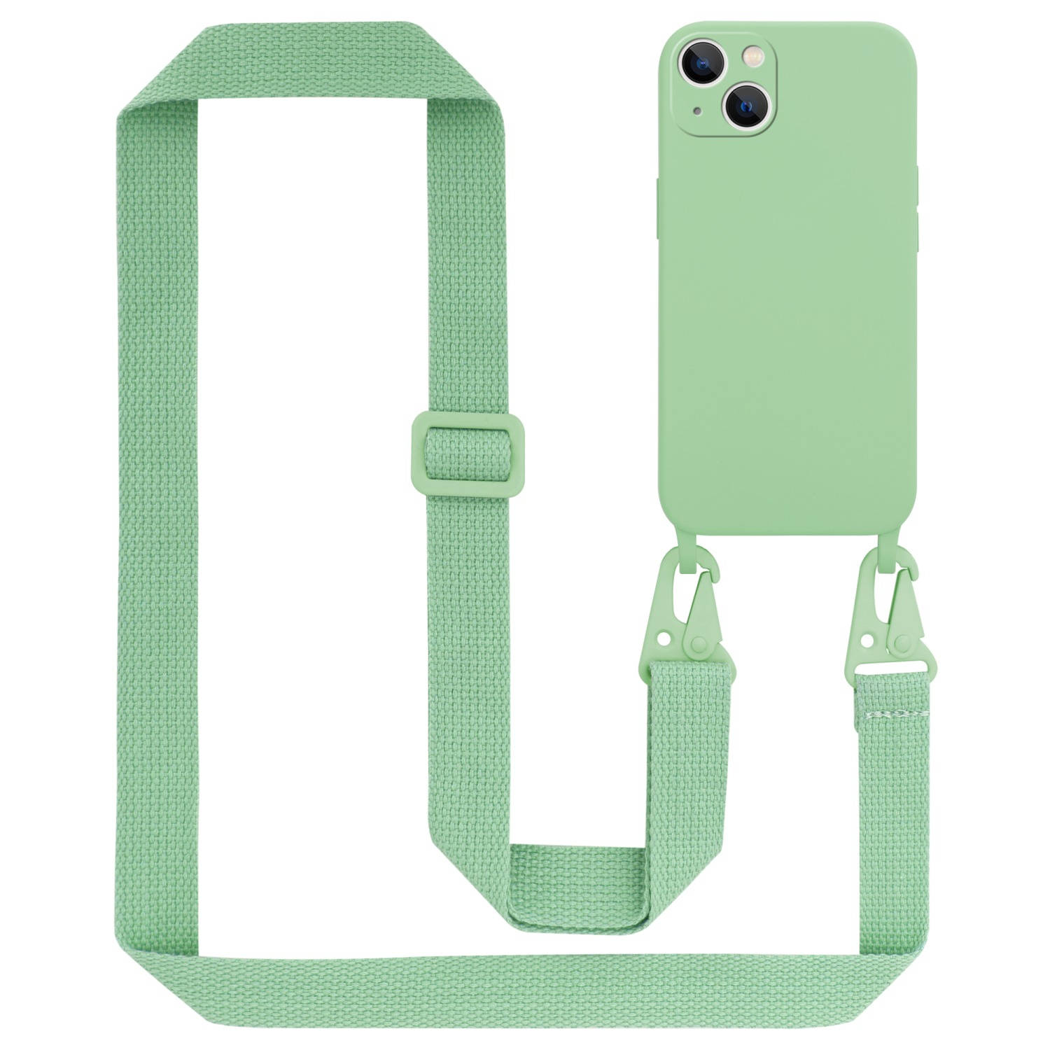 Cadorabo Mobiele telefoon ketting voor Apple iPhone 14 PLUS in LIQUID LICHT GROEN - Silicone beschermhoes met lengte verstelbare koord riem