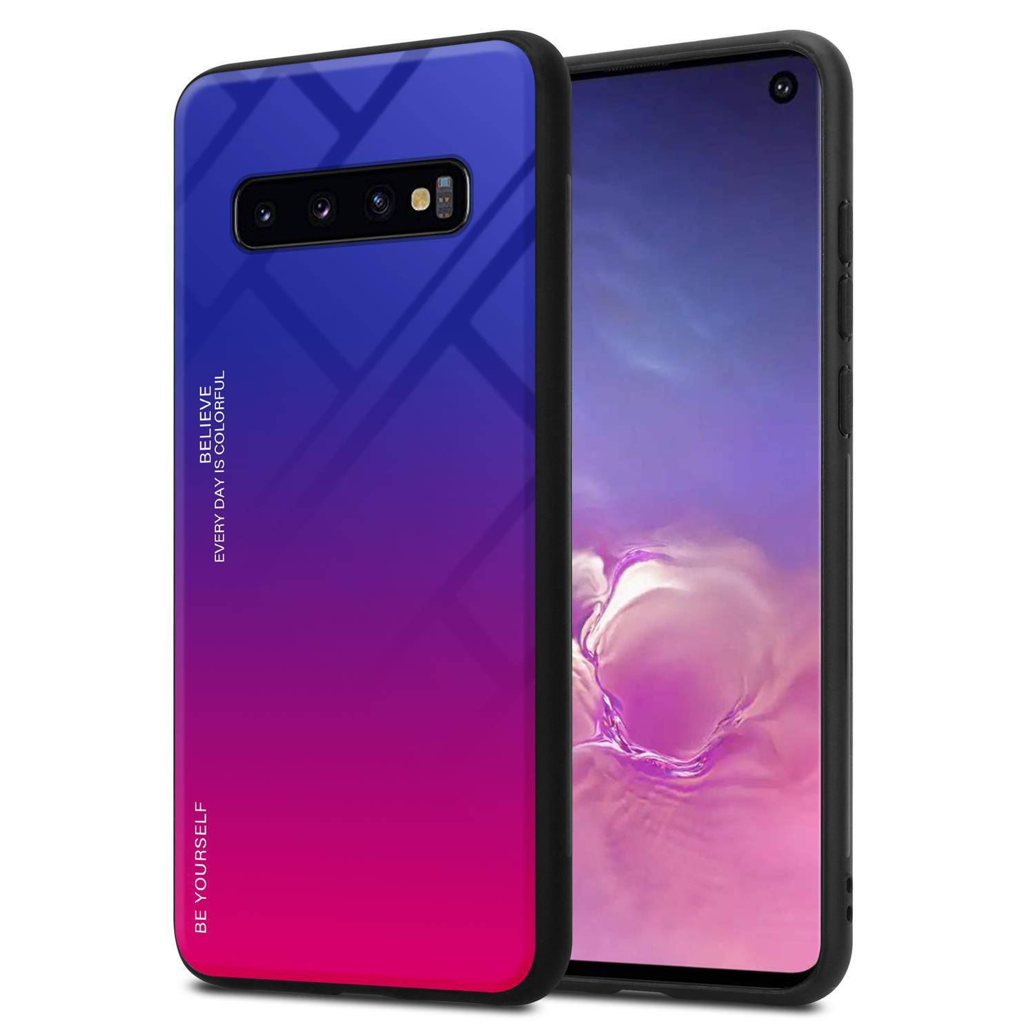 Cadorabo Hoesje voor Samsung Galaxy S10 4G in PAARS - ROOD - Tweekleurige beschermhoes van gehard glas en TPU-siliconen