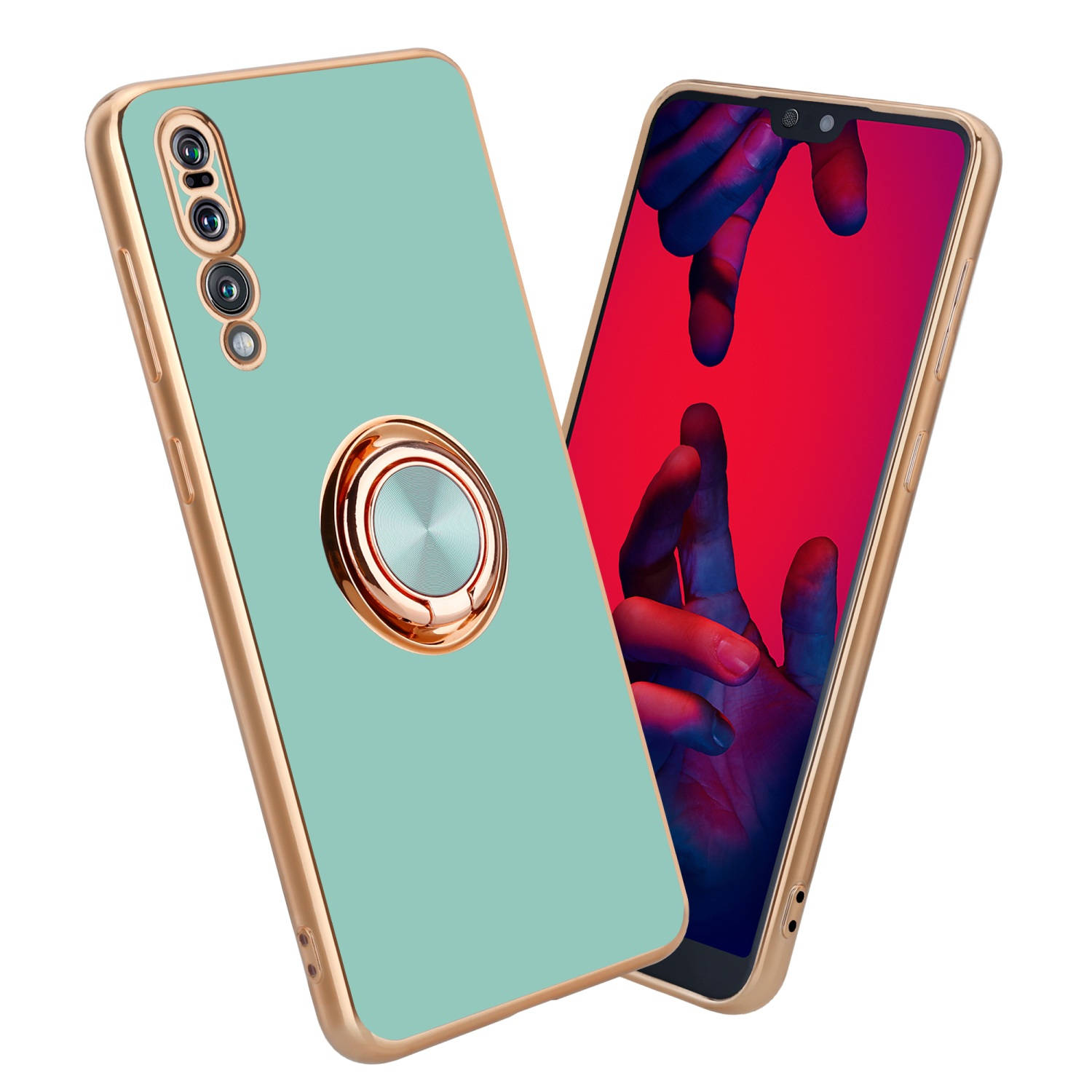 Cadorabo Hoesje voor Huawei P20 PRO / P20 PLUS in Glossy Turquoise - Goud met ring - Beschermende hoes van flexibel TPU-silicone, met camerabescherming en magnetische autohouder