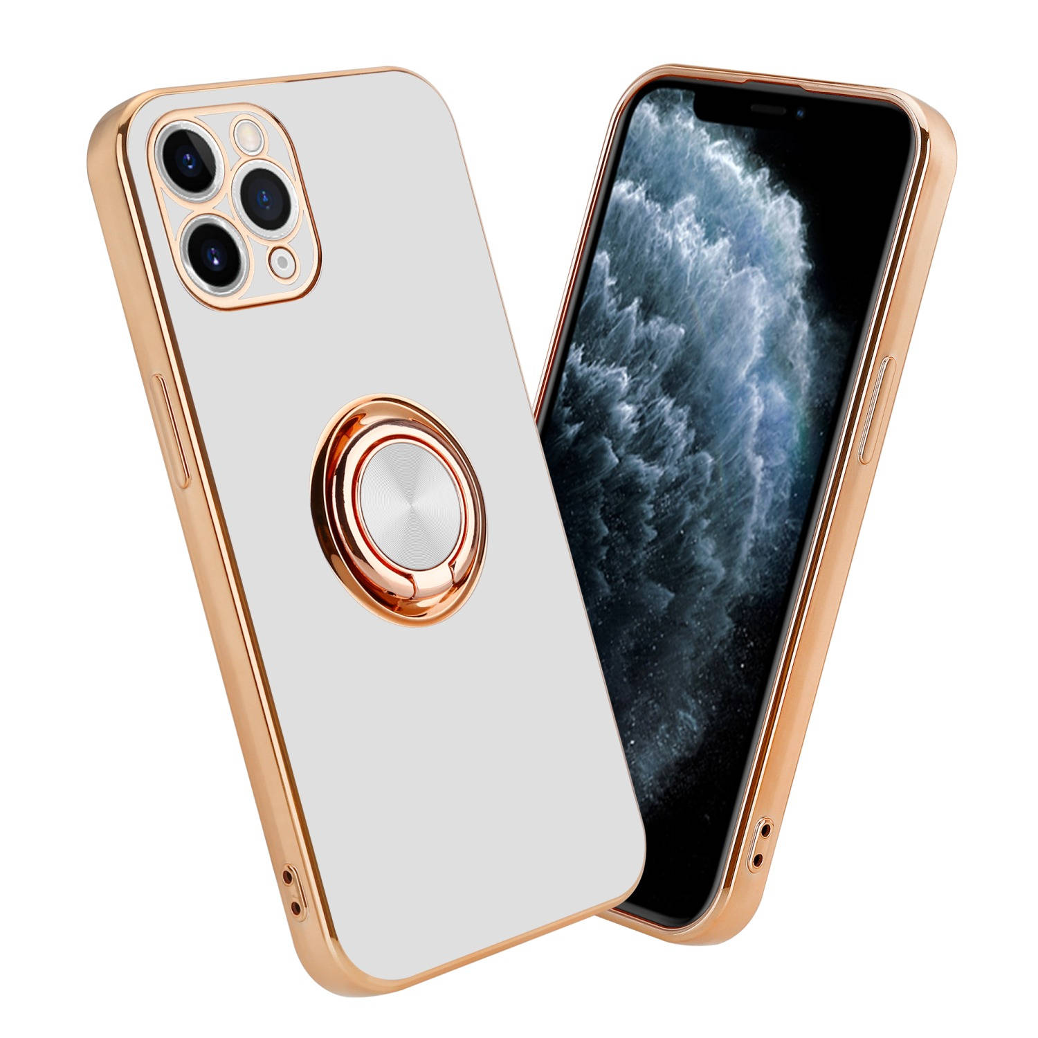 Cadorabo Hoesje voor Apple iPhone 11 PRO MAX in Glossy Wit - Goud met ring - Beschermende hoes van flexibel TPU-silicone, met camerabescherming en magnetische autohouder