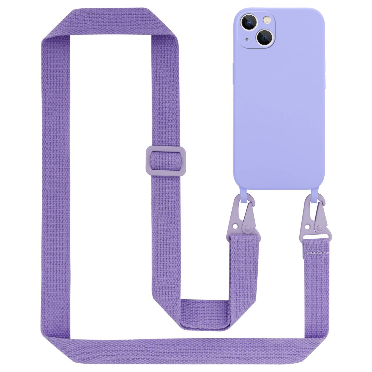 Cadorabo Mobiele telefoon ketting voor Apple iPhone 14 in LIQUID LICHT PAARS - Silicone beschermhoes met lengte verstelbare koord riem