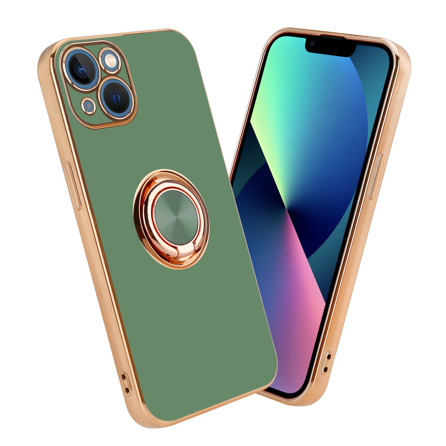 Cadorabo Hoesje voor Apple iPhone 14 PLUS in Glossy Licht Groen - Goud met ring - Beschermende hoes van flexibel TPU-silicone, met camerabescherming en magnetische autohouder