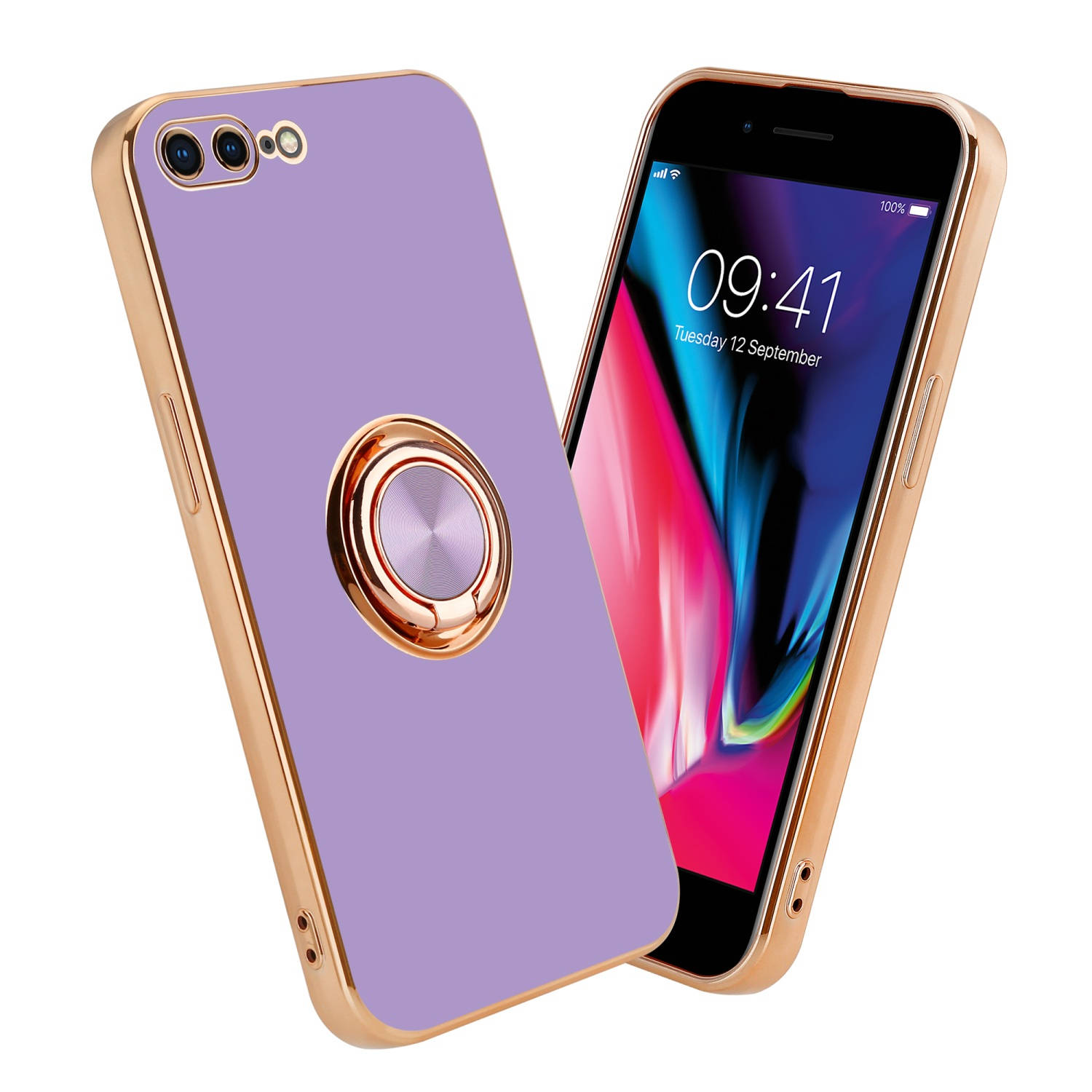 Cadorabo Hoesje voor Apple iPhone 7 PLUS / 7S PLUS / 8 PLUS in Glossy Licht Paars - Goud met ring - Beschermende hoes van flexibel TPU-silicone, met camerabescherming en magnetisch