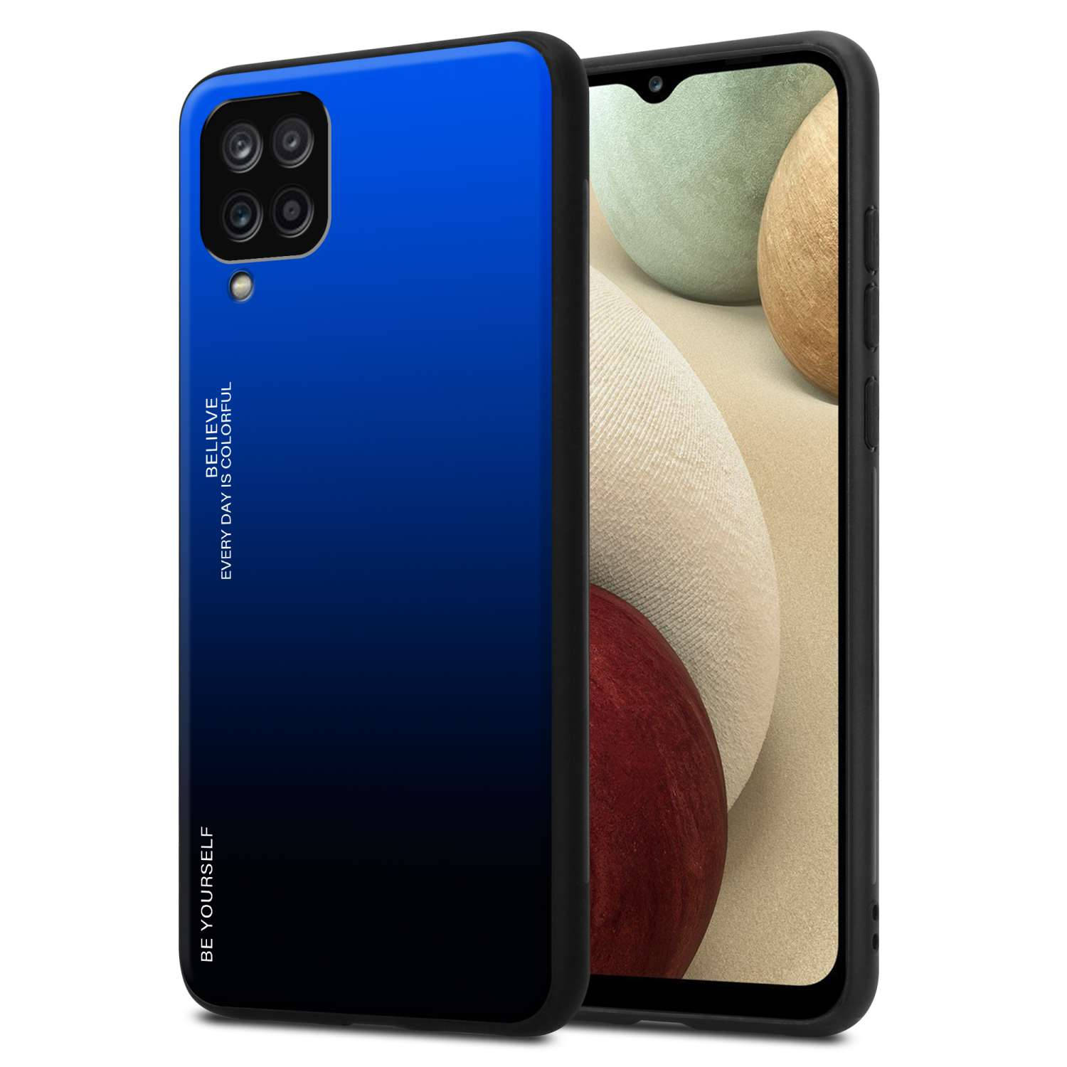 Cadorabo Hoesje voor Samsung Galaxy A12 / M12 in BLAUW - ZWART - Tweekleurige beschermhoes van TPU-silicone Case Cover en achterzijde van gehard glas