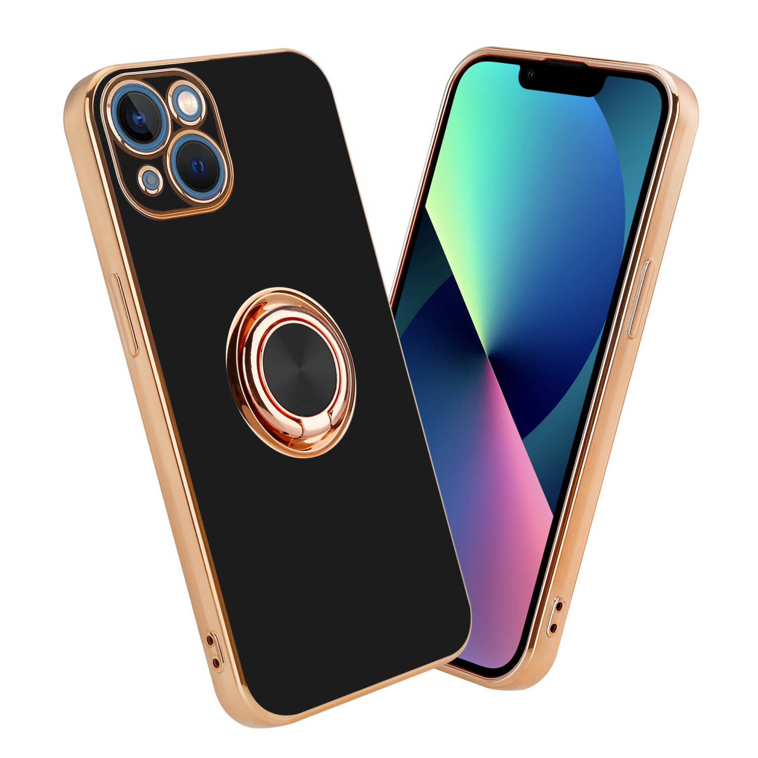 Cadorabo Hoesje voor Apple iPhone 13 in Glossy Zwart - Goud met ring - Beschermende hoes van flexibel TPU-silicone, met camerabescherming en magnetische autohouder