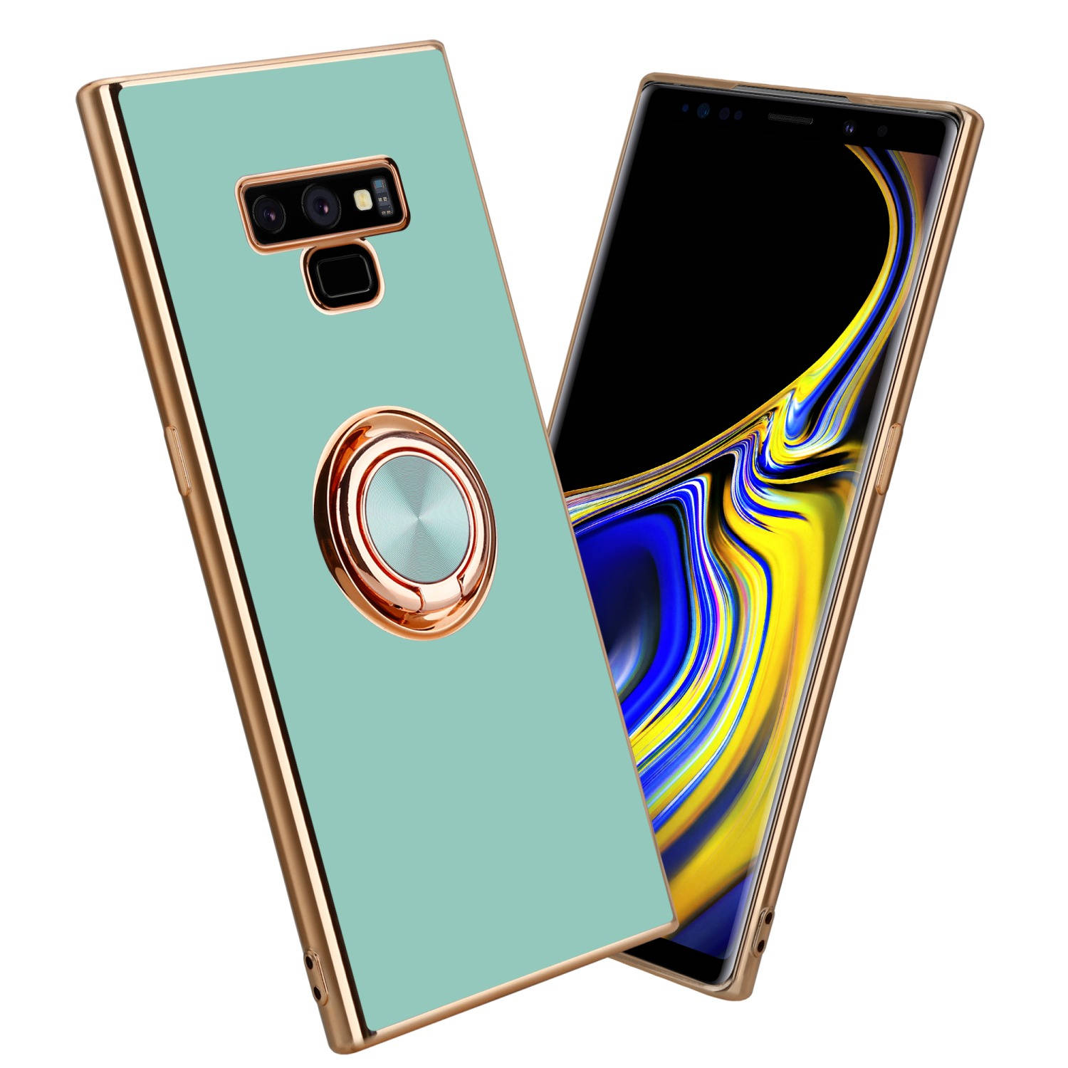 Cadorabo Hoesje voor Samsung Galaxy NOTE 9 in Glossy Turquoise - Goud met ring - Beschermende hoes van flexibel TPU-silicone, met camerabescherming en magnetische autohouder