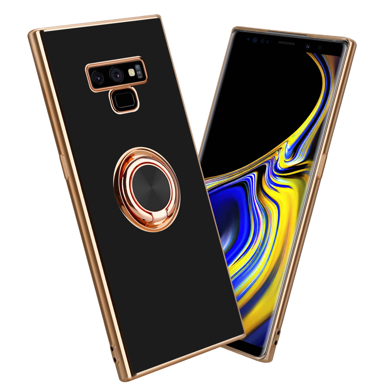 Cadorabo Hoesje voor Samsung Galaxy NOTE 9 in Glossy Zwart - Goud met ring - Beschermende hoes van flexibel TPU-silicone, met camerabescherming en magnetische autohouder