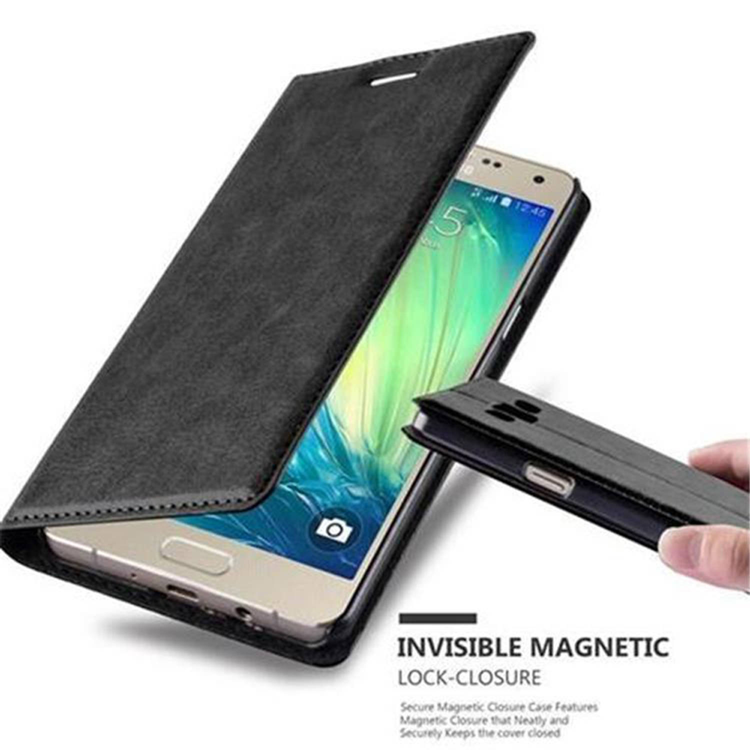 Cadorabo Hoesje voor Samsung Galaxy A5 2015 in ZWARTE NACHT - Beschermend etui met magnetische sluiting