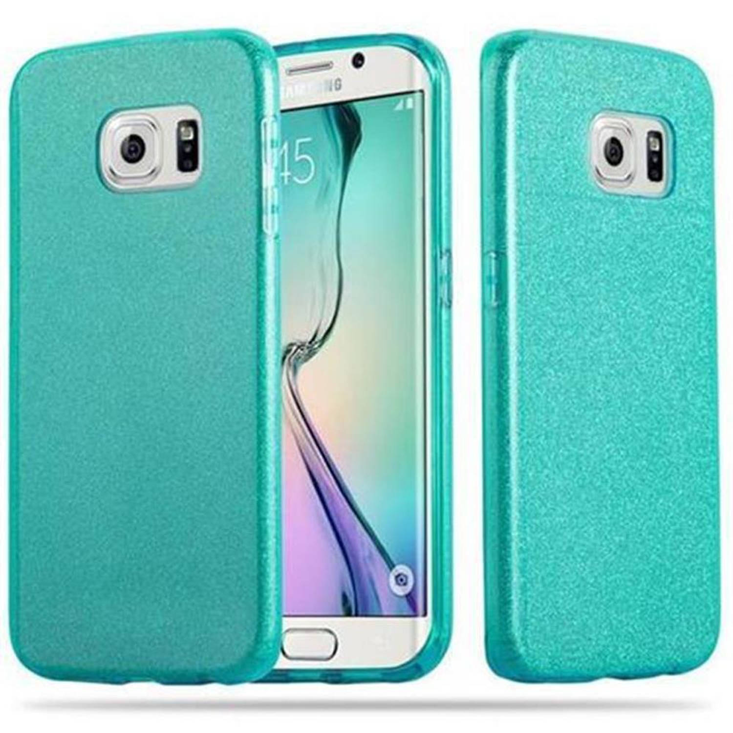 Cadorabo Hoesje voor Samsung Galaxy S6 EDGE in STAR STOF TURKOOIS - TPU Silicone en hard case beschermhoes in glitter design