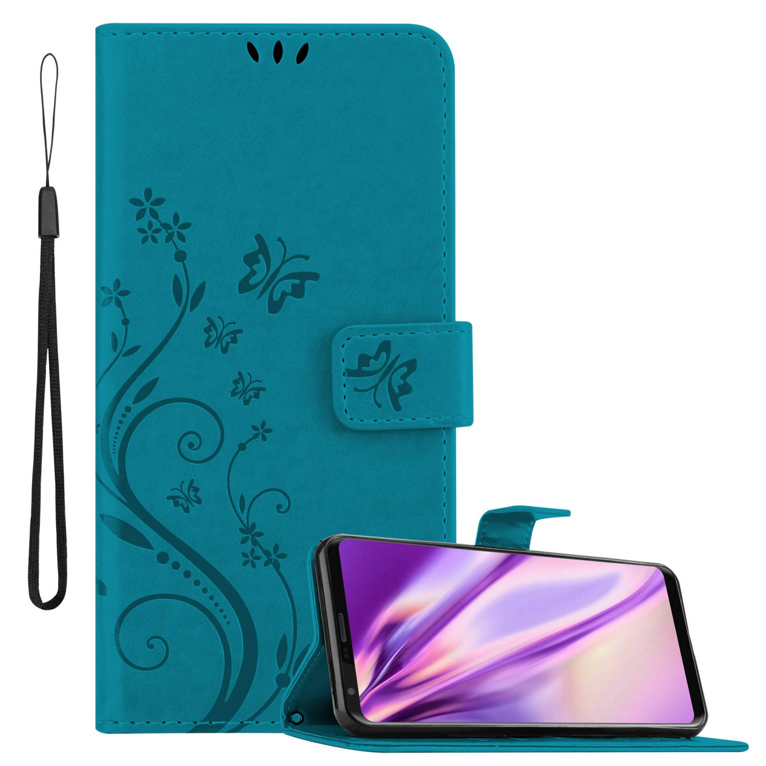 Cadorabo Hoes compatibel met LG V30 / V30+ / V30S / V30S+ in BLOEMEN BLAUW - Beschermhoes in bloemmotief met magnetische sluiting, standfunctie en kaartsleuven