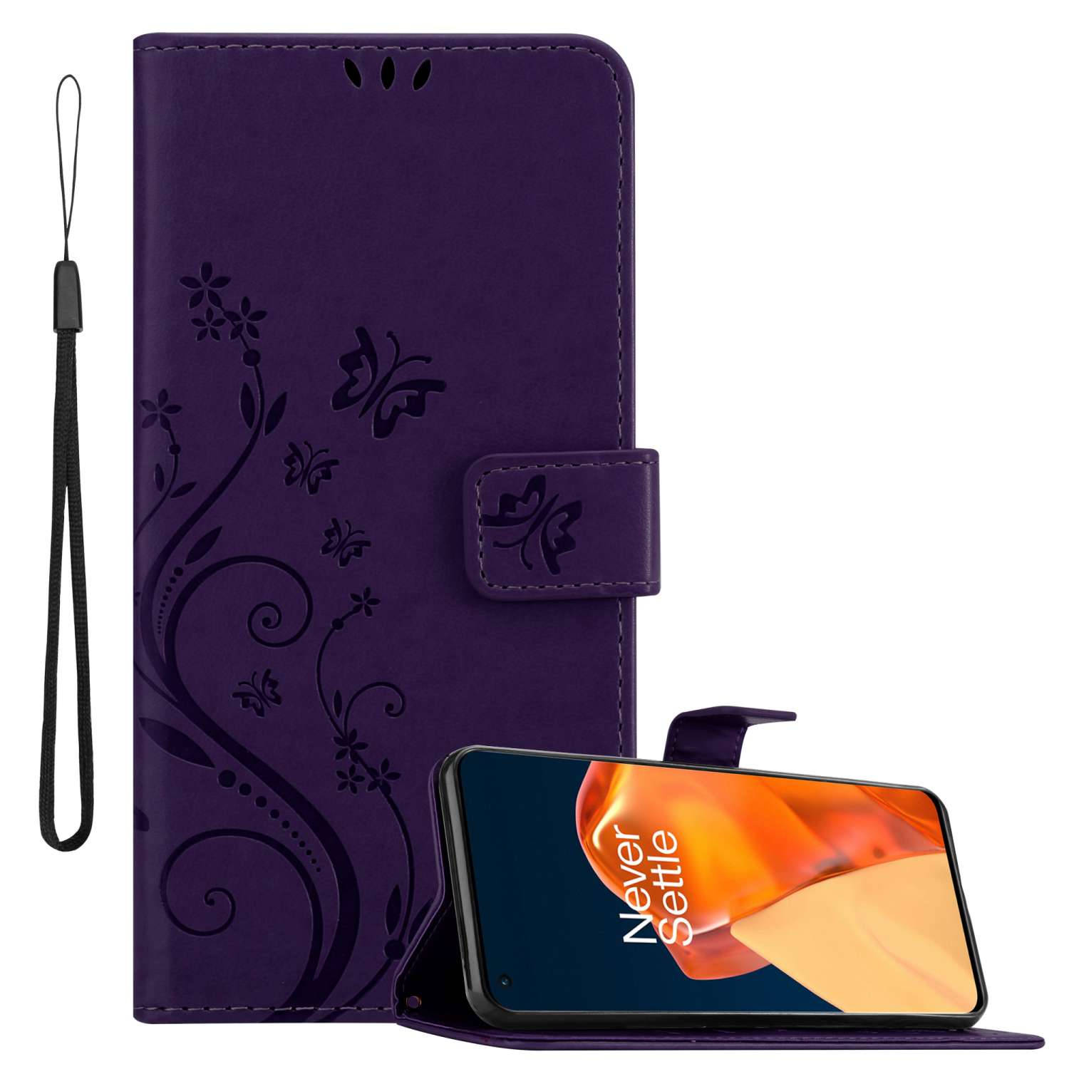 Cadorabo Hoesje voor OnePlus 9 PRO in BLOEMEN DONKER PAARS - Beschermhoes in bloemmotief met magnetische sluiting, standfunctie en kaartsleuven Book Case Cover Etui