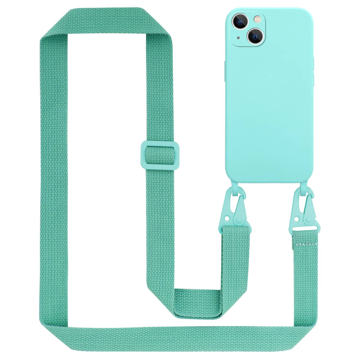 Cadorabo Mobiele telefoon ketting voor Apple iPhone 14 PLUS in LIQUID TURKOOIS - Silicone beschermhoes met lengte verstelbare koord riem