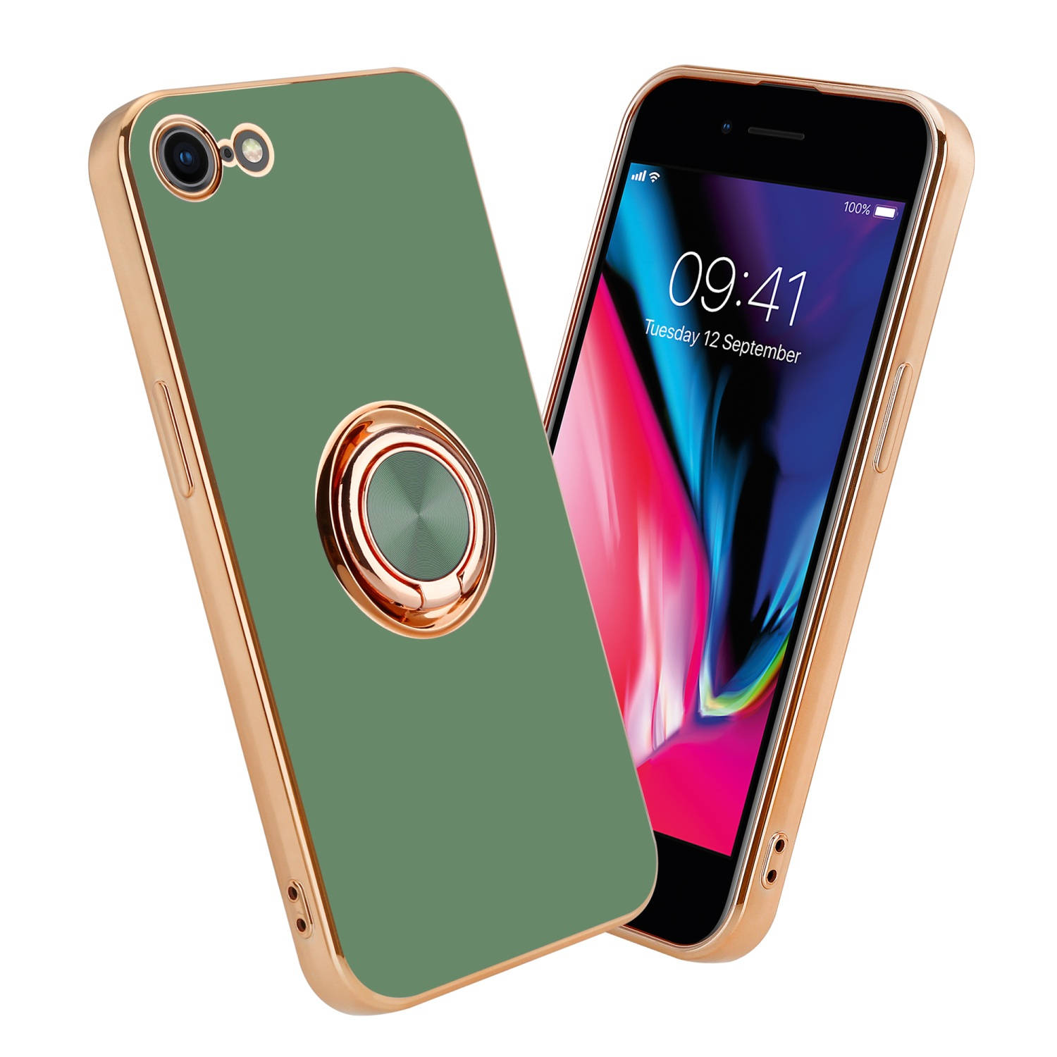 Cadorabo Hoesje voor Apple iPhone 7 / 7S / 8 / SE 2020 in Glossy Licht Groen - Goud met ring - Beschermende hoes van flexibel TPU-silicone, met camerabescherming en magnetische aut