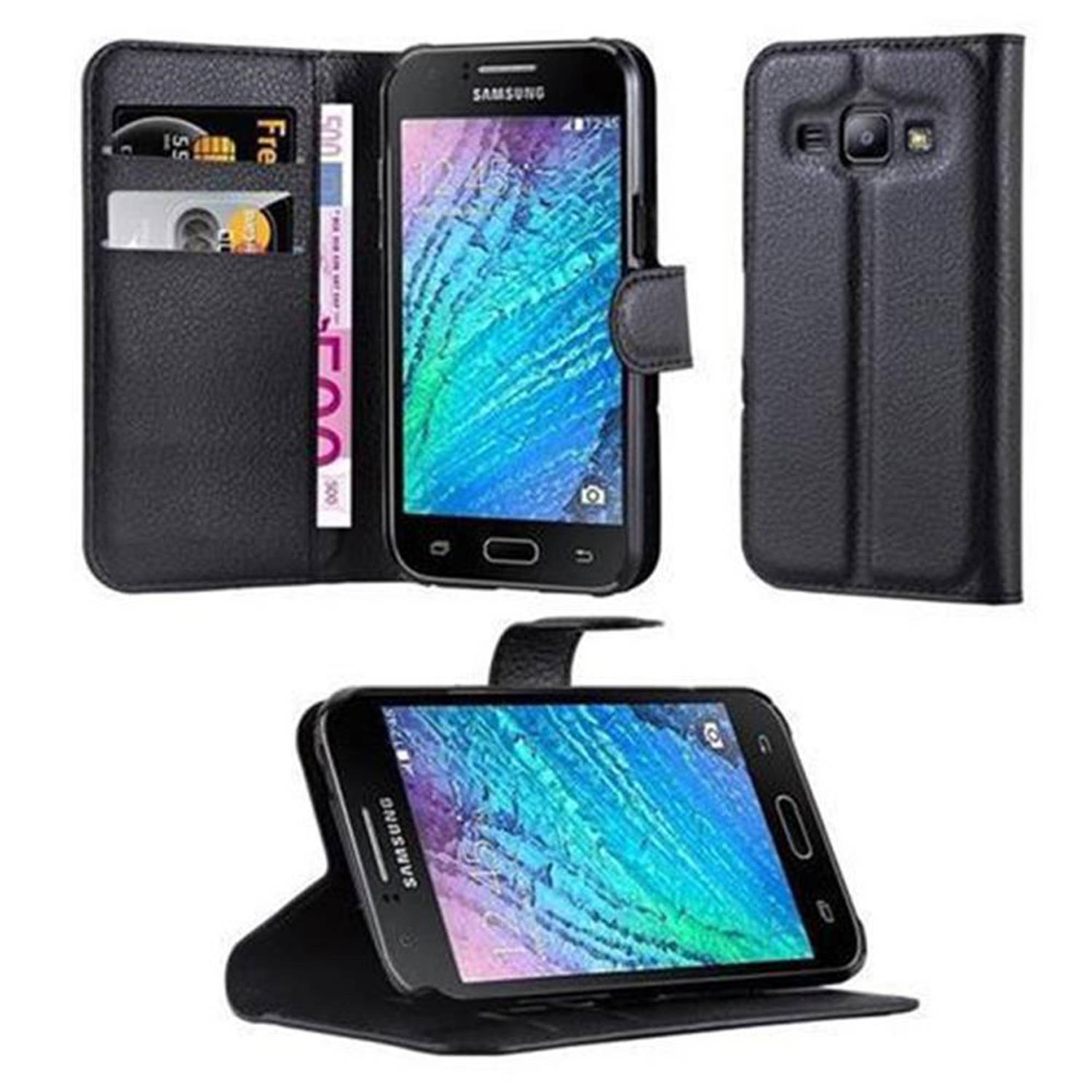 Cadorabo Hoesje voor Samsung Galaxy J1 2015 in PHANTOM ZWART - Beschermend etui met magnetische sluiting