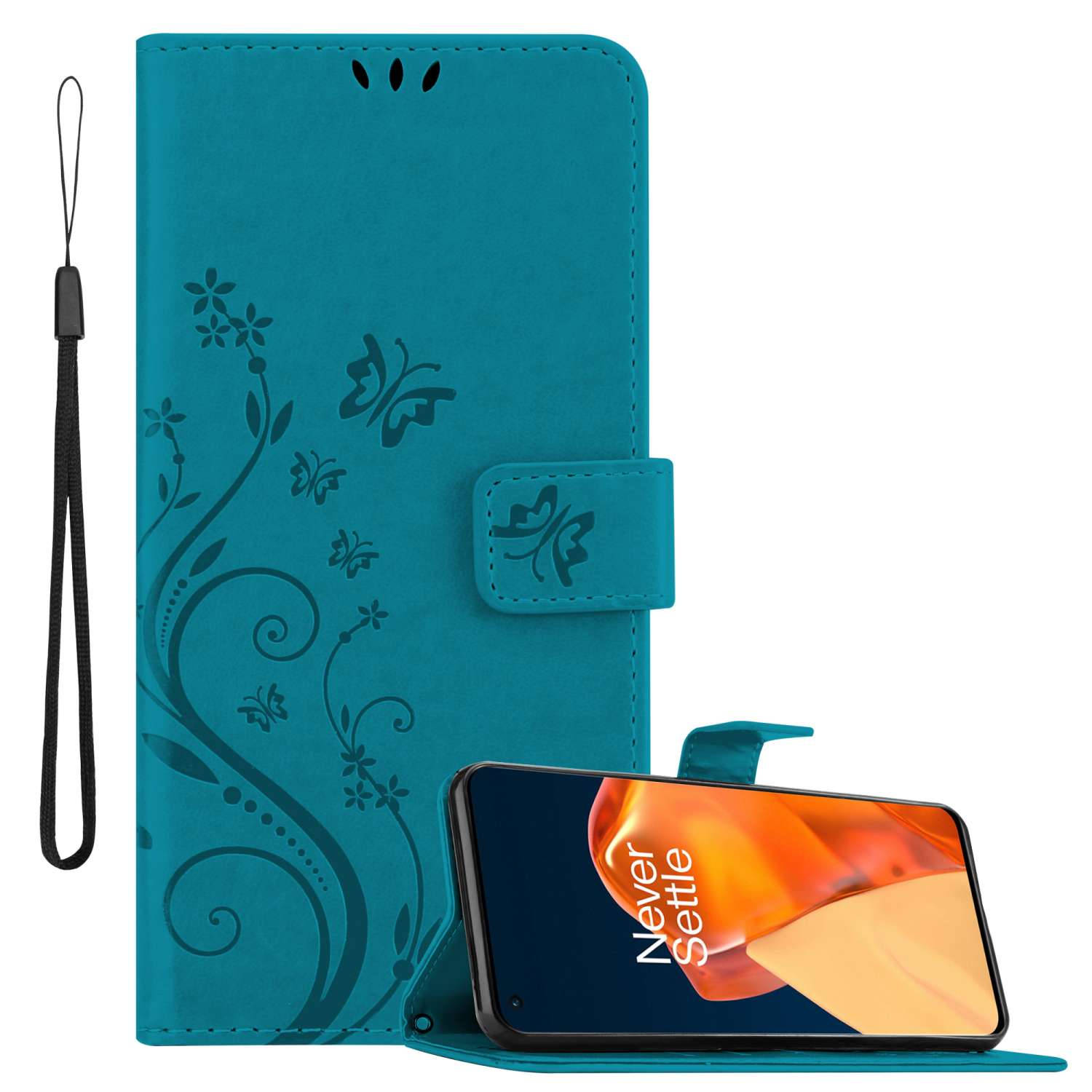 Cadorabo Hoesje voor OnePlus 9 PRO in BLOEMEN BLAUW - Beschermhoes in bloemmotief met magnetische sluiting, standfunctie en kaartsleuven Book Case Cover Etui