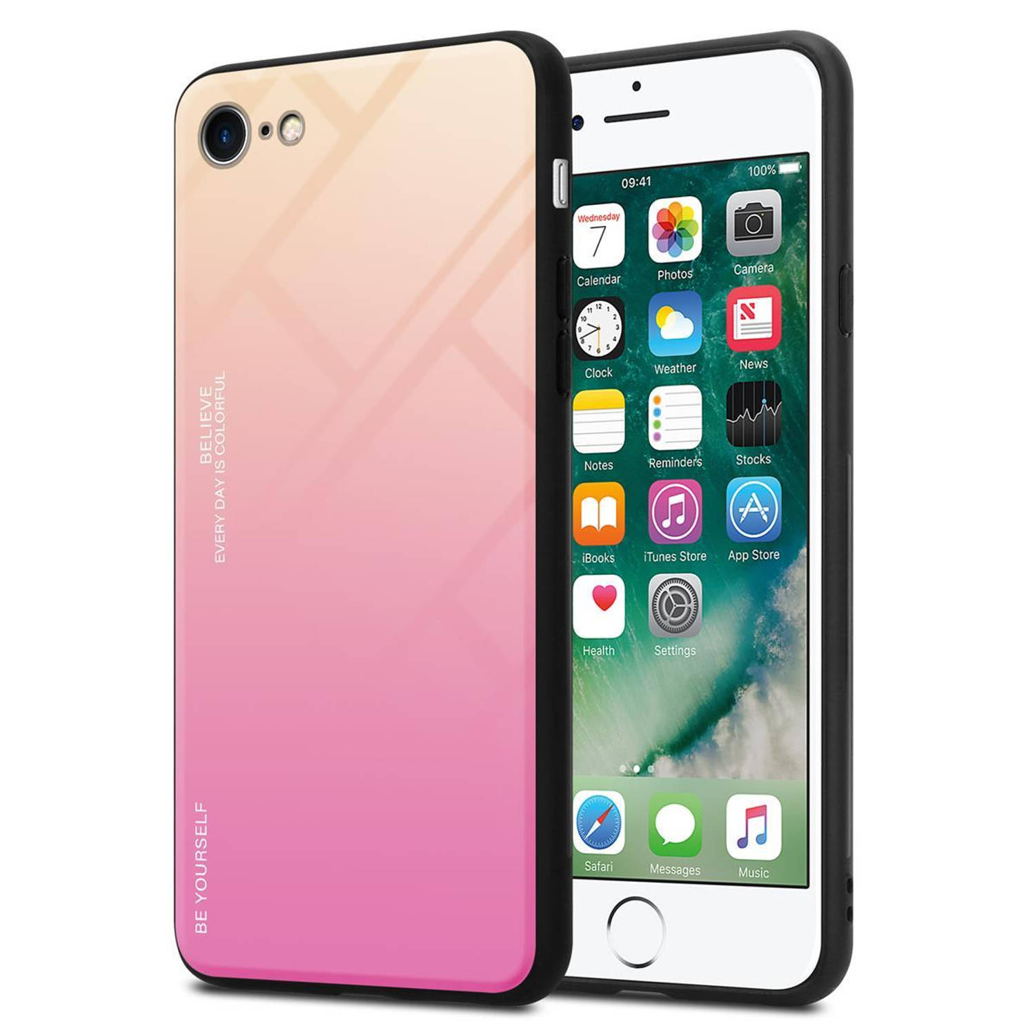 Cadorabo Hoesje voor Apple iPhone 7 / 7S / 8 / SE 2020 in GEEL - ROZE - Tweekleurige beschermhoes van gehard glas en TPU-siliconen