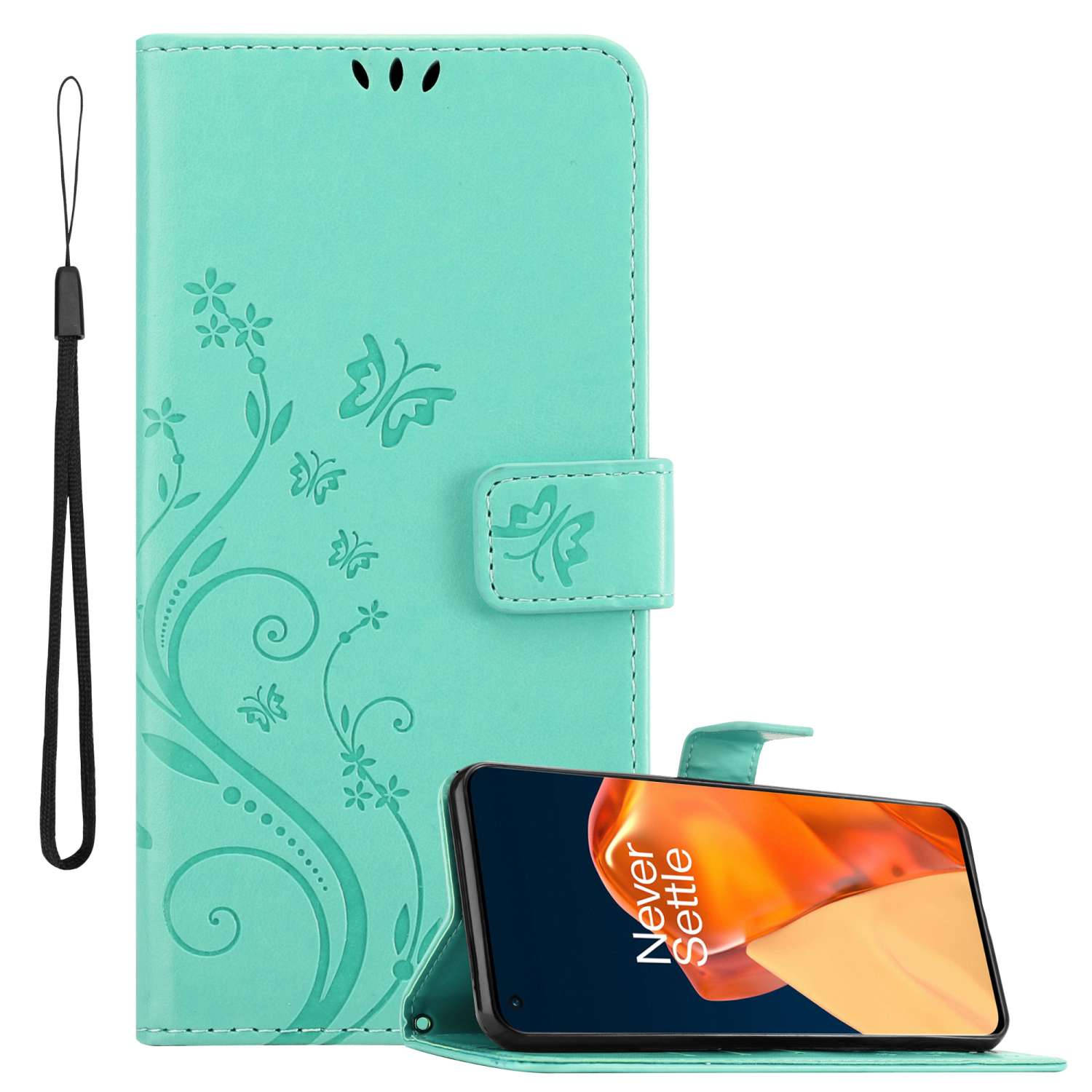 Cadorabo Hoesje voor OnePlus 9 PRO in BLOEMEN TURKOOIS - Beschermhoes in bloemmotief met magnetische sluiting, standfunctie en kaartsleuven Book Case Cover Etui