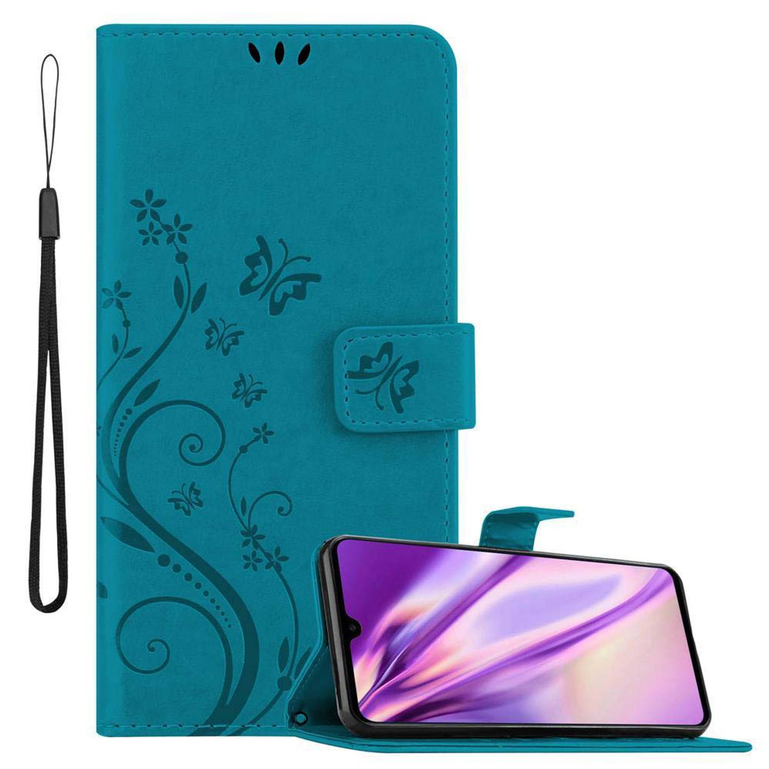 Cadorabo Hoesje geschikt voor Huawei MATE 20 in BLOEMEN BLAUW Beschermhoes Case Cover Bloemen magnet