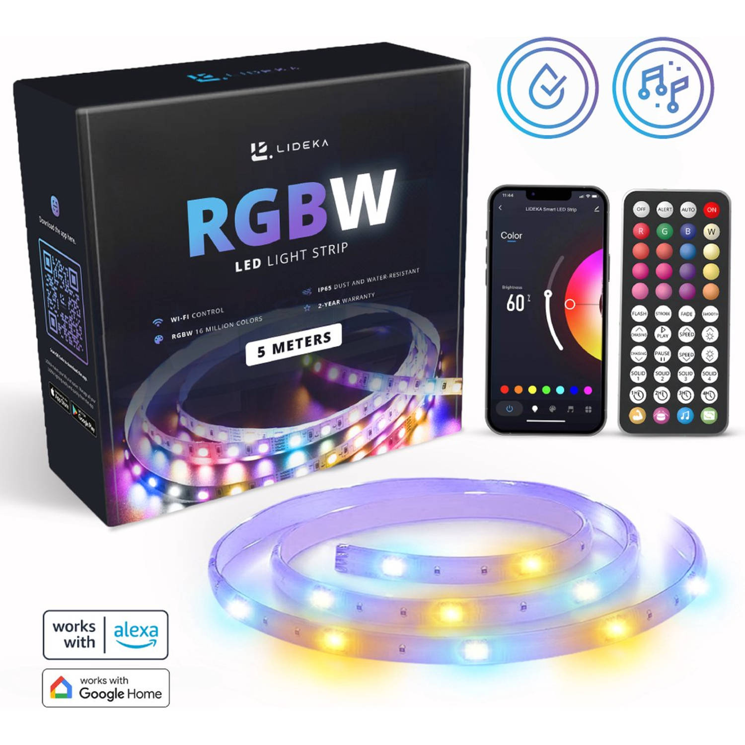 Lideka® - RGBW LED Strip Warm en Koud Wit 5 Meter - Zelfklevend met afstandsbediening En App - Smart LED Strip - Compatible met Google Home, Amazon Alexa En Siri