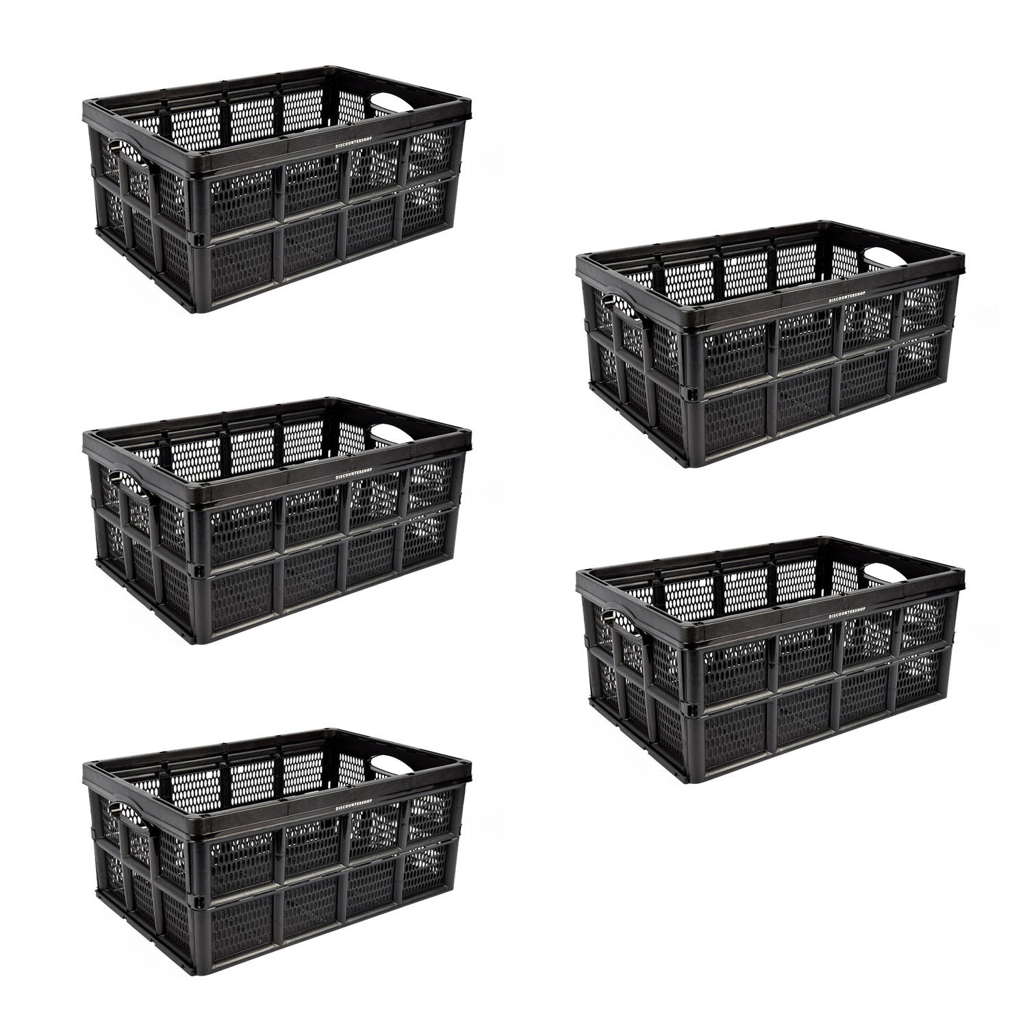 Set van 5 Vouwkratten 32 Liter - Slimme Stapelbare Opbergoplossing voor Garage - Zwart Plastic - Handgrepen - Kamperen & Outdoor, Huishouden, Klussen - 48x35x24cm - Multifuntioneel