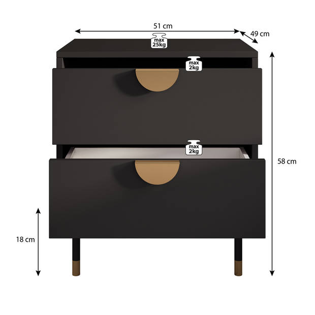 Meubella Nachtkastje Veerle - Zwart - 51 cm