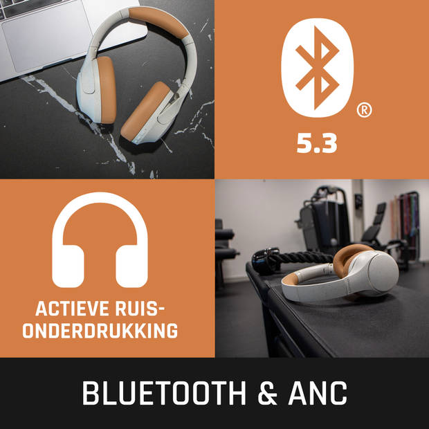 Draadloze Bluetooth® koptelefoon met Active Noise Cancelling en ingebouwde microfoons Lenco Grijs-Wit