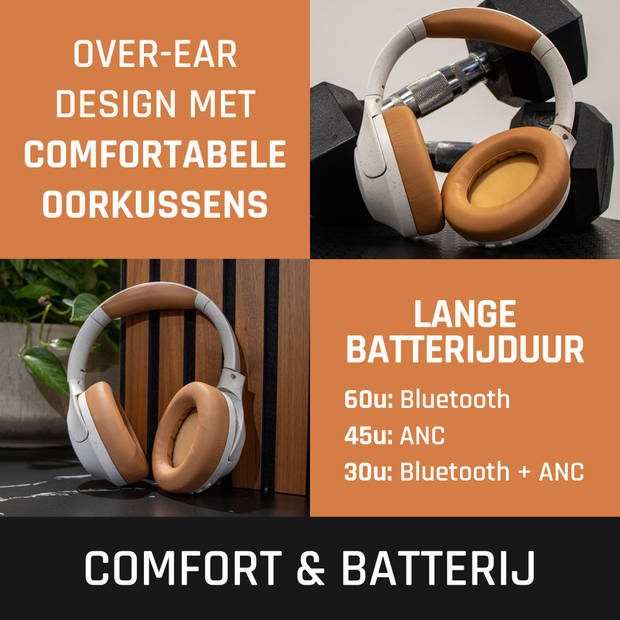 Draadloze Bluetooth® koptelefoon met Active Noise Cancelling en ingebouwde microfoons Lenco Grijs-Wit
