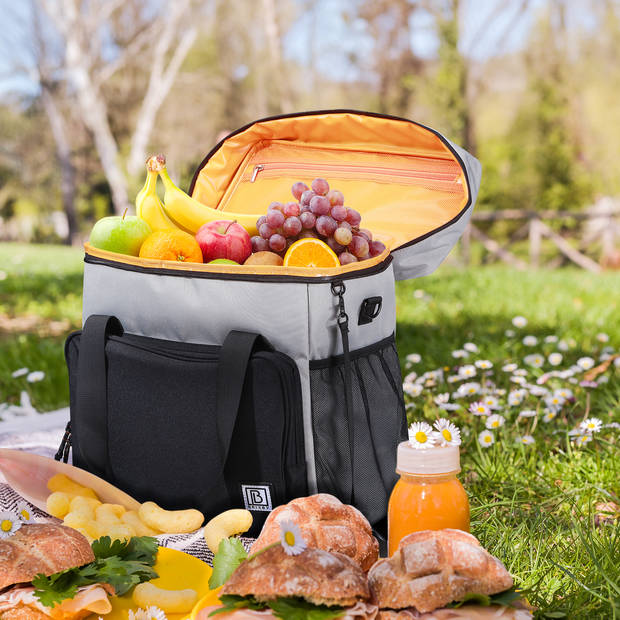 Brisby 4 Laags Geïsoleerde Koeltas - Lunchtas 40 liter - Zwart Grijs met Oranje