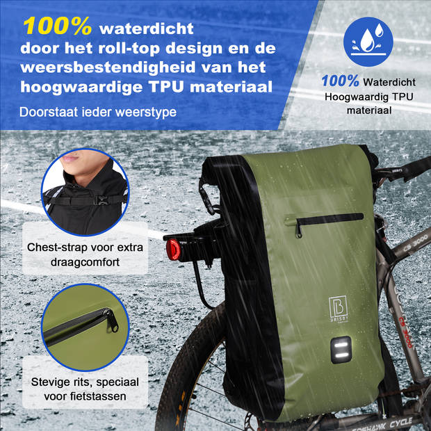 Brisby 20-26 Liter 3 in 1 Waterdichte Rolltop Fietstas - Rugtas - Schoudertas - Ook Voor Elektrische Fiets - Groen