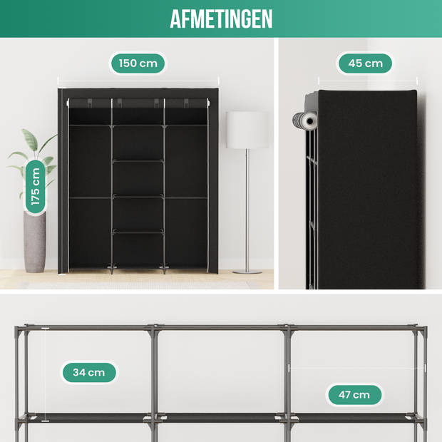 Avalo Kledingkast Stof Opvouwbaar XXL - 150x45x175 CM - Garderobekast - Kledingkast Slaapkamer - Zwart