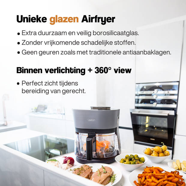 Lauben Glazen Airfryer - Stoomfunctie - 4.5 L - Zwart/Grijs