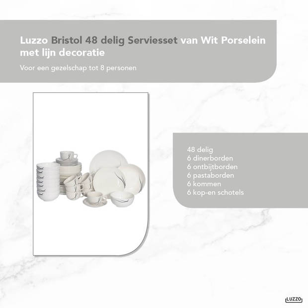 Luzzo® Bristol Serviesset 8 persoons - 48 delig - Wit met lijnen