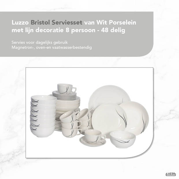 Luzzo® Bristol Serviesset 8 persoons - 48 delig - Wit met lijnen