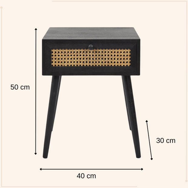 MISOU Nachtkastje - Met Lade - Rotan - Webbing - Hout - Zwart