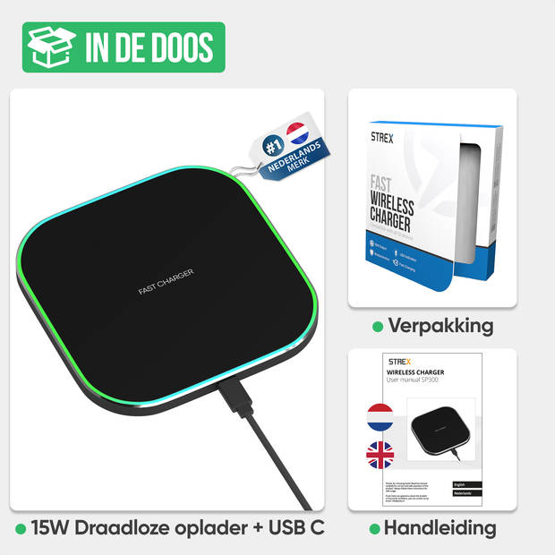 Strex Draadloze Oplader 15W - Inclusief Kabel - QI Snellader - Wireless Charger - Fast Charger - LED Indicatie - Zwart