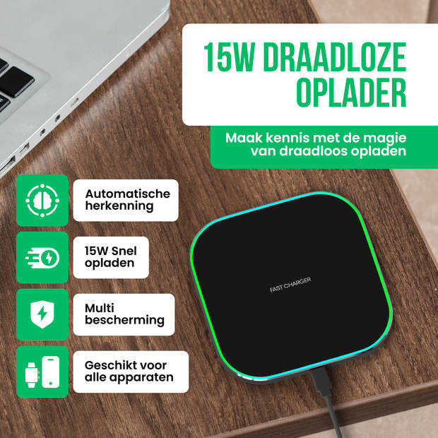 Strex Draadloze Oplader 15W - Inclusief Kabel - QI Snellader - Wireless Charger - Fast Charger - LED Indicatie