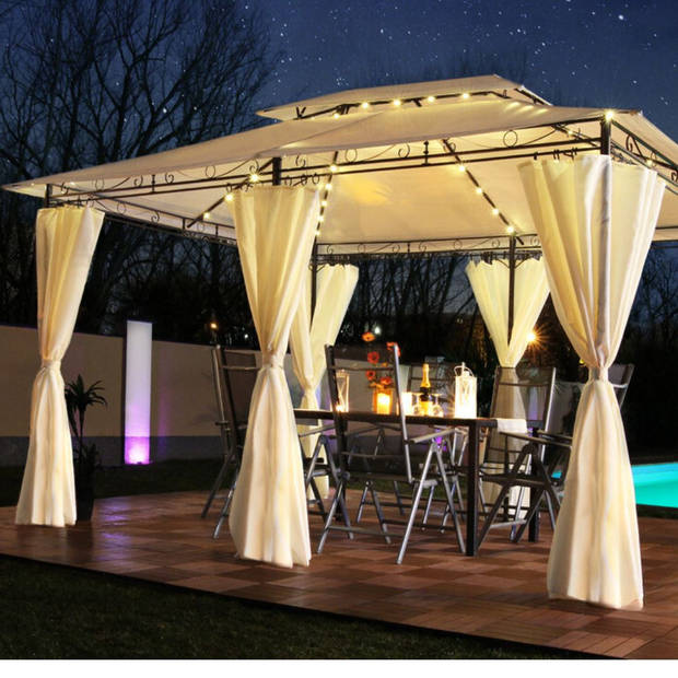 Elfida - Tuin Prieel DeLuxe - 3x4M - Met LED verlichting - Solar - UV bestendig - Incl zijwanden - Creme