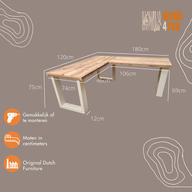 Wood4you - Hoekbureau - New england wit - 180/130 Hout - Werkbureau