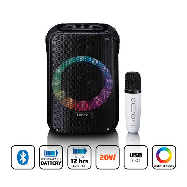 Karaoke set met Bluetooth®, oplaadbare batterij, draadloze karaoke microfoon en disco LED-verlichting Lenco Zwart