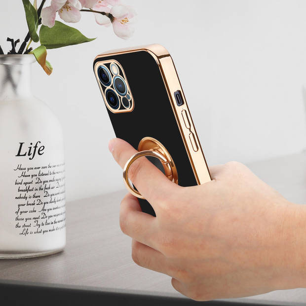 Cadorabo Hoesje geschikt voor Apple iPhone 12 PRO MAX in Glossy Zwart - Goud - Beschermhoes Camerabescherming