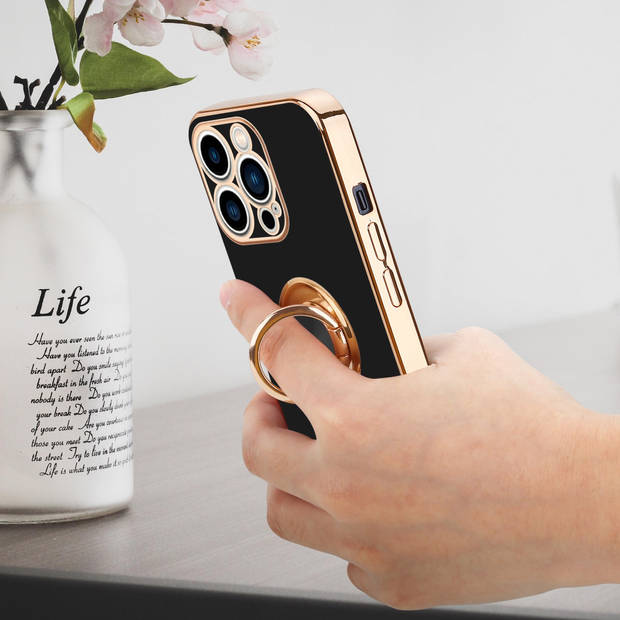 Cadorabo Hoesje geschikt voor Apple iPhone 14 PRO in Glossy Zwart - Goud - Beschermhoes Camerabescherming magnetische