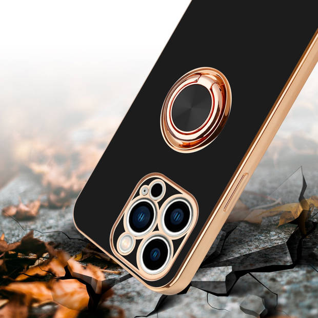 Cadorabo Hoesje geschikt voor Apple iPhone 14 PRO in Glossy Zwart - Goud - Beschermhoes Camerabescherming magnetische