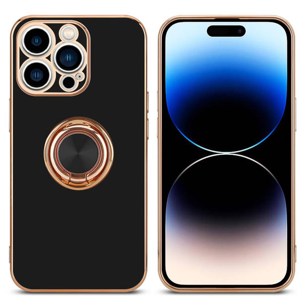 Cadorabo Hoesje geschikt voor Apple iPhone 14 PRO in Glossy Zwart - Goud - Beschermhoes Camerabescherming magnetische