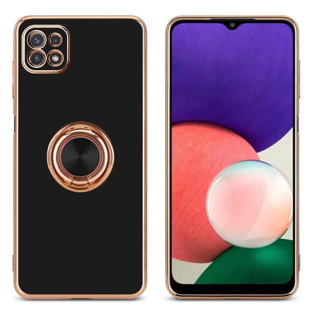 Cadorabo Hoesje geschikt voor Samsung Galaxy A22 5G in Glossy Zwart - Goud - Beschermhoes Camerabescherming magnetische