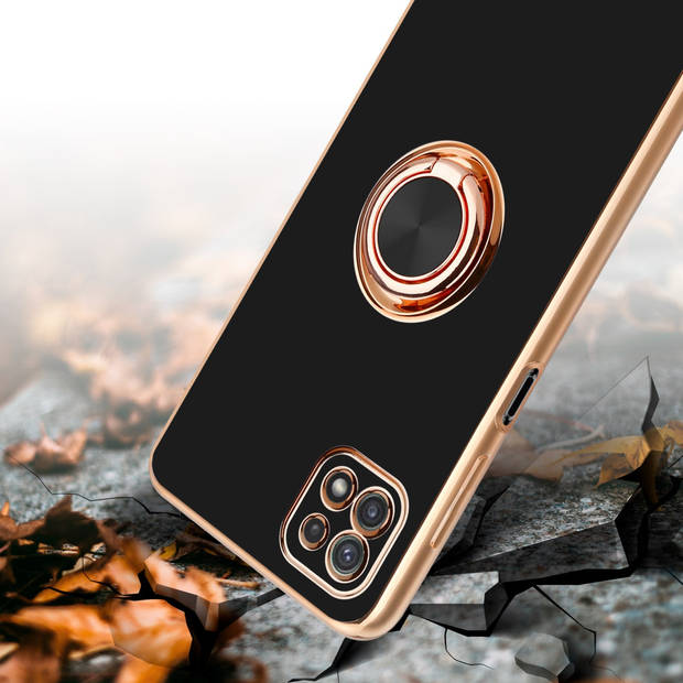 Cadorabo Hoesje geschikt voor Samsung Galaxy A22 5G in Glossy Zwart - Goud - Beschermhoes Camerabescherming magnetische