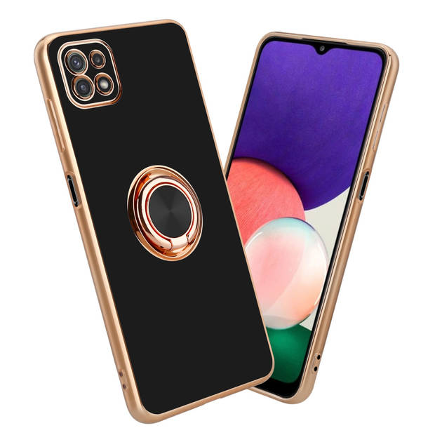 Cadorabo Hoesje geschikt voor Samsung Galaxy A22 5G in Glossy Zwart - Goud - Beschermhoes Camerabescherming magnetische