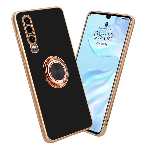 Cadorabo Hoesje geschikt voor Huawei P30 in Glossy Zwart - Goud - Beschermhoes Camerabescherming magnetische autohouder