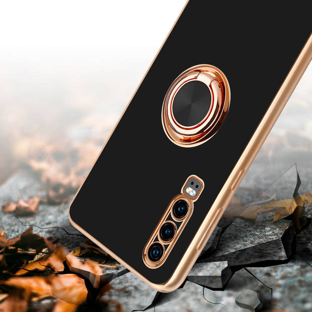 Cadorabo Hoesje geschikt voor Huawei P30 in Glossy Zwart - Goud - Beschermhoes Camerabescherming magnetische autohouder