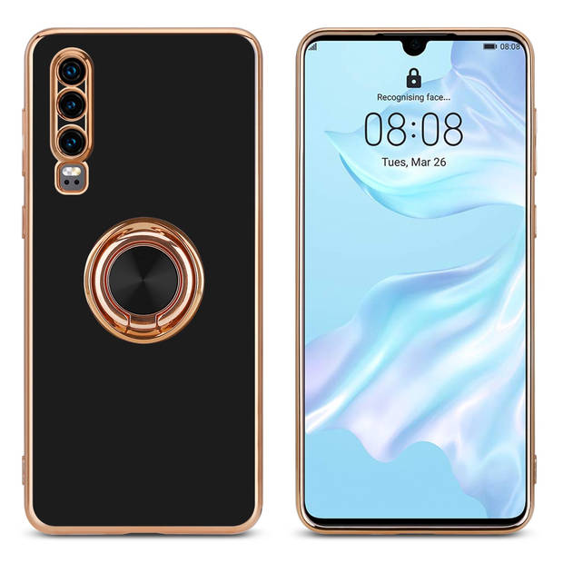 Cadorabo Hoesje geschikt voor Huawei P30 in Glossy Zwart - Goud - Beschermhoes Camerabescherming magnetische autohouder